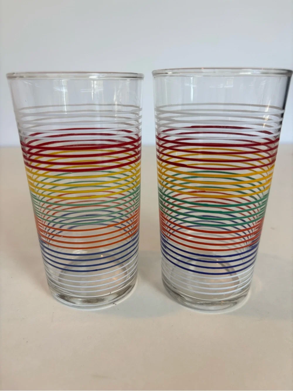 Vintage Rainbow Stripe Glass Tumblers Set of 2 Retro MCM Multicolor